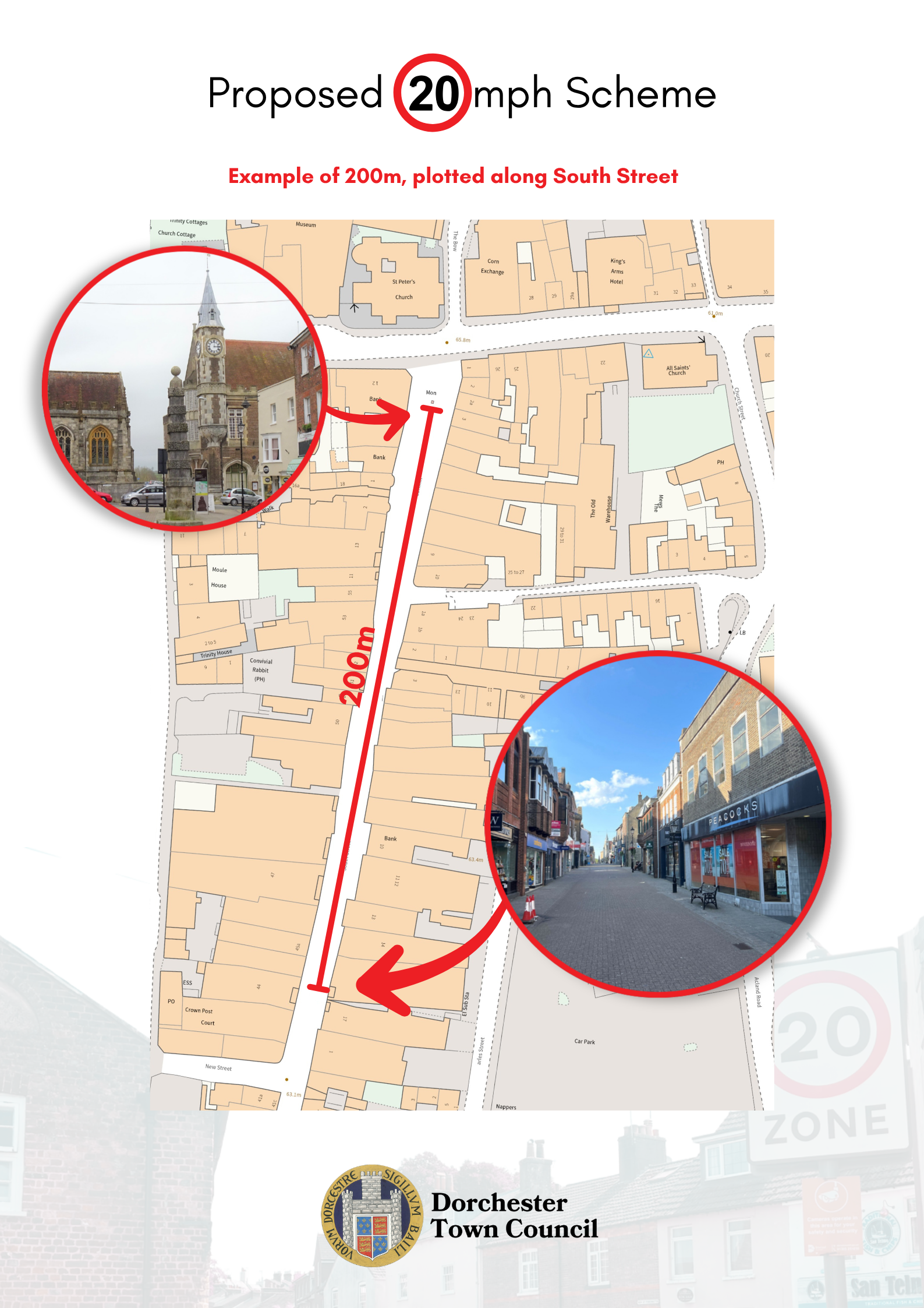 Map showing the distance between the Town Pump at Cornhill, Dorchester, and Peacocks in South Street, Dorchester, approximately 200 metres.