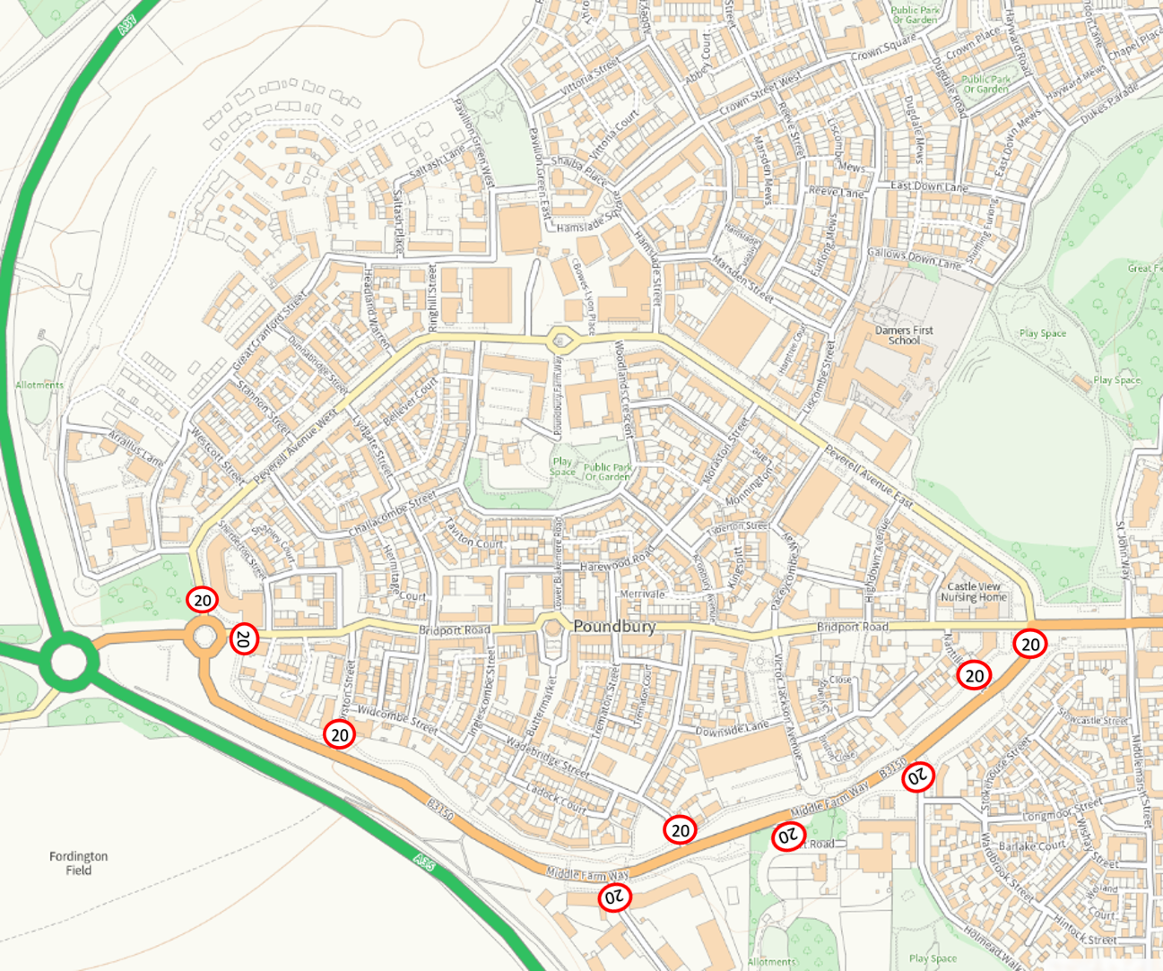 20mph Signage Start / End Points in Poundbury