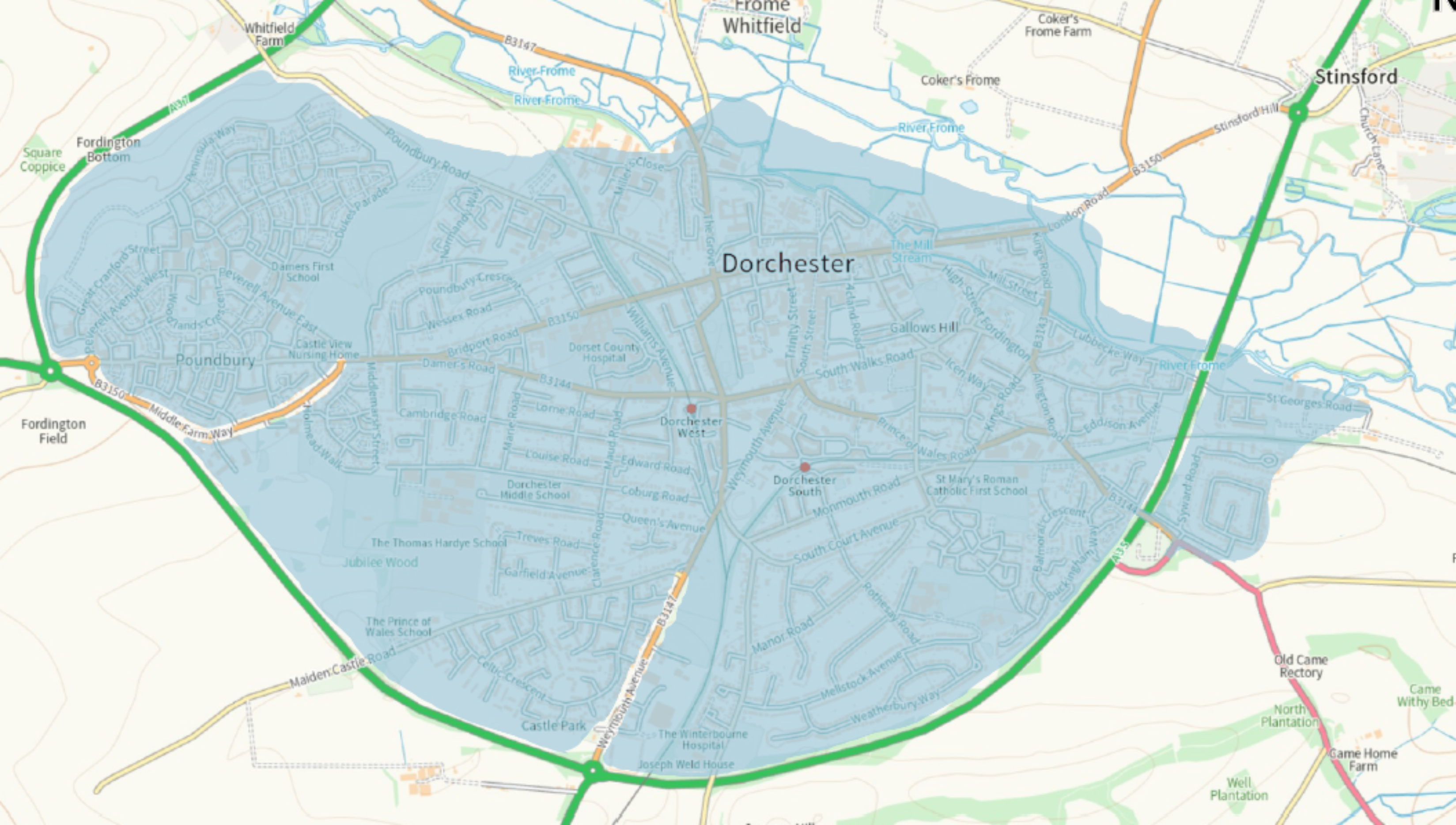 Overview map of Dorchester and proposed 20mph area