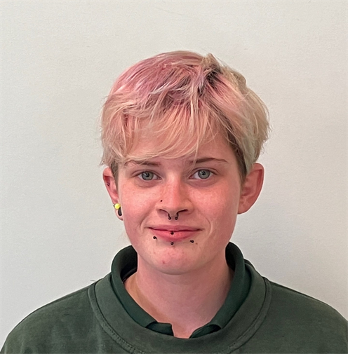 Photograph of a person with short, pink hair wearing a dark green polo shirt and jumper. Photograph of a person with short, pink hair wearing a dark green polo shirt and jumper.