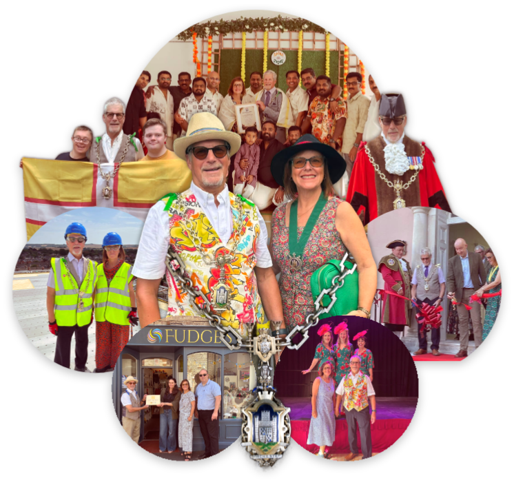 A collage of the Mayor and Mayoress of Dorchester, Les and Julie Fry, at various events and engagements across summer 2026